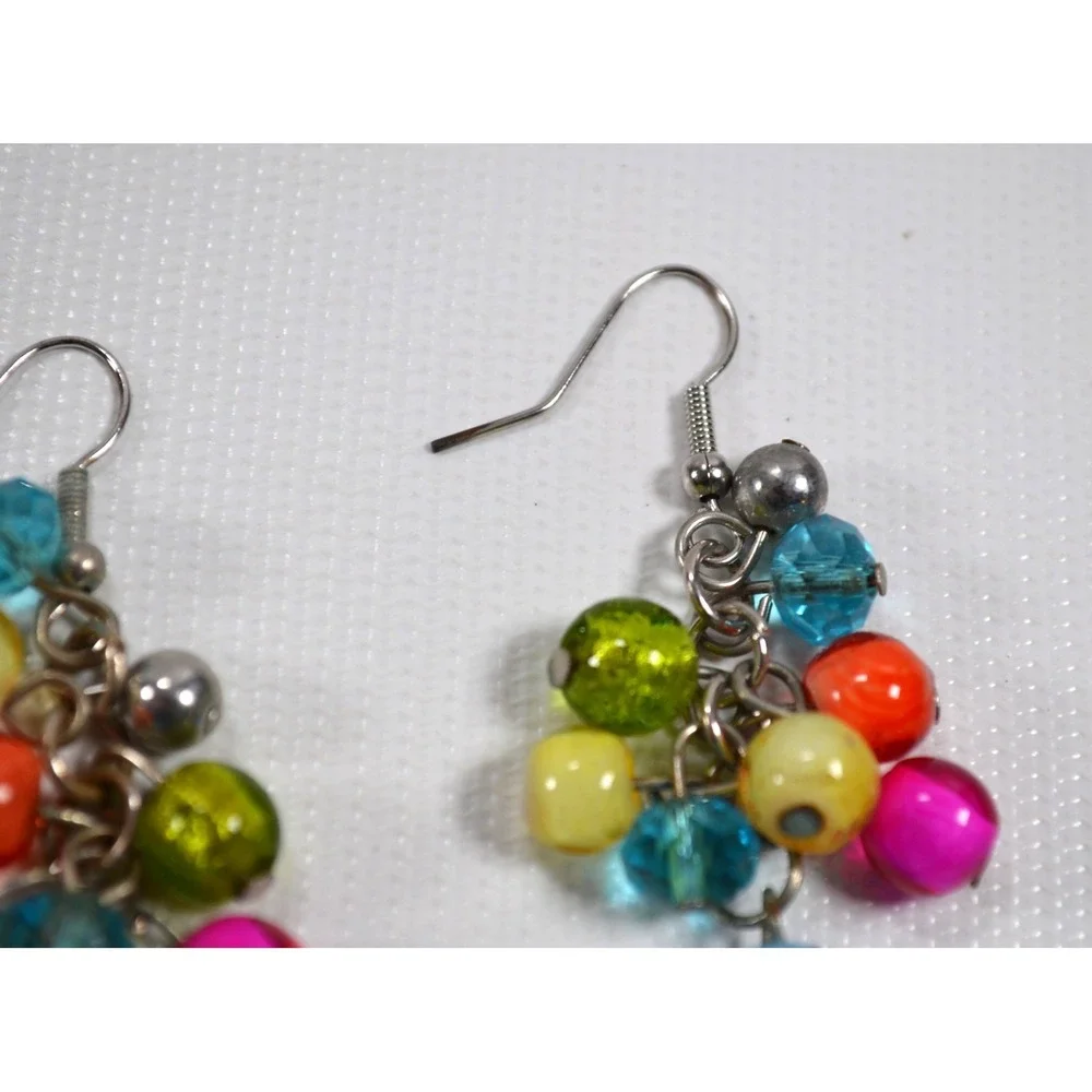 Silver Tone Hook Pierced Earrings Multi Color Glass & Plastic‎ Beads 2.5